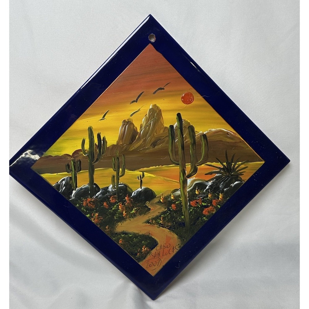 Colorful Cactus Desert Southwest Art Ceramic Tile Plaque Mexican Decor Cabo